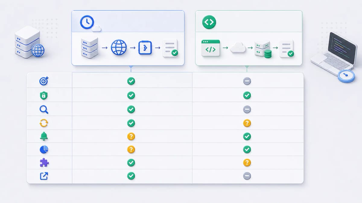 Two-column scheduler category comparison with shared criteria for target support, authentication, failure handling, visibility, controls, and cost.