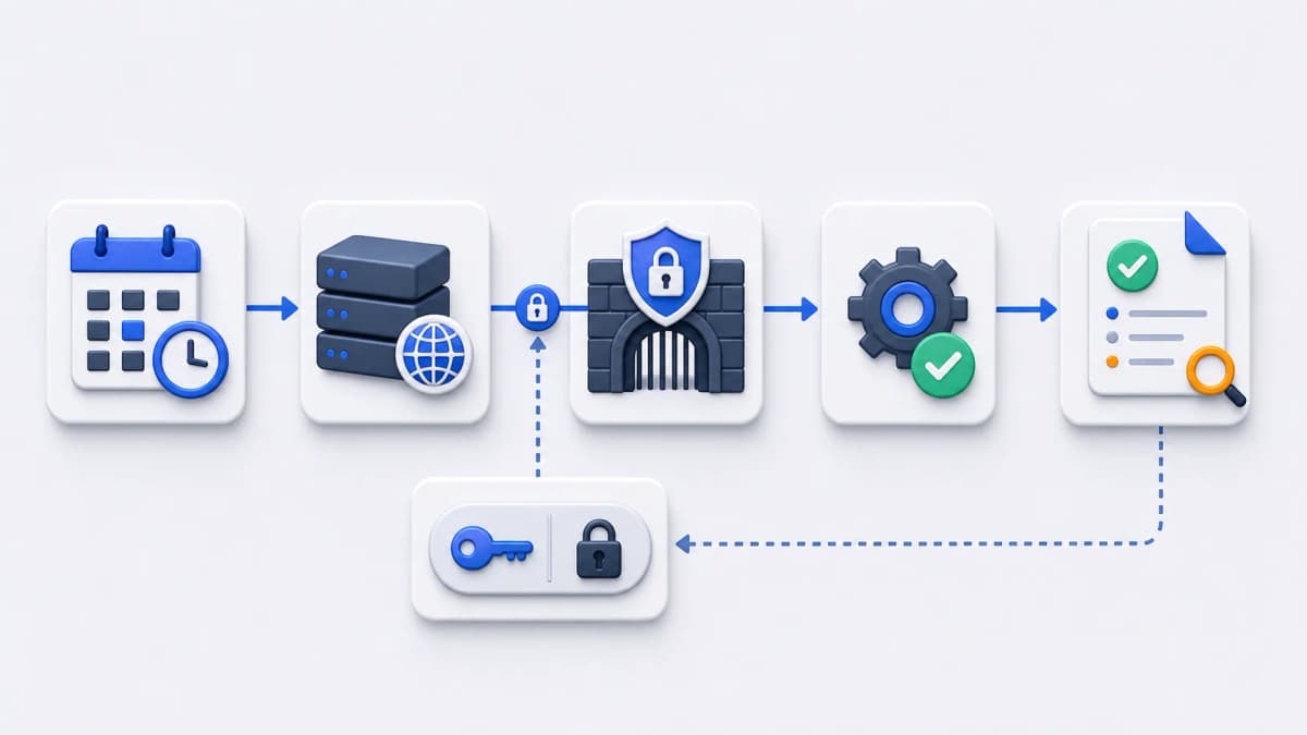 Protected request flow with schedule, hosted request, Basic Auth credential boundary, application authentication gate, task execution, and response review.