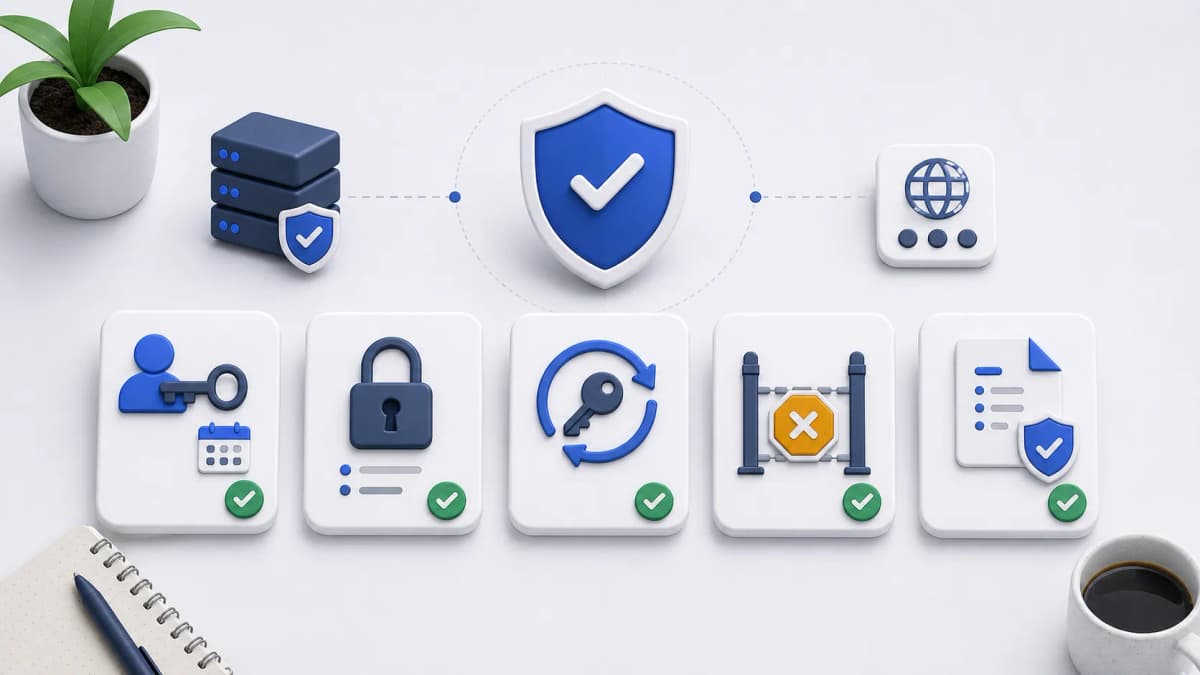 Endpoint security checklist with dedicated credential, least privilege, rotation cycle, reject-before-side-effects gate, and safe response document.