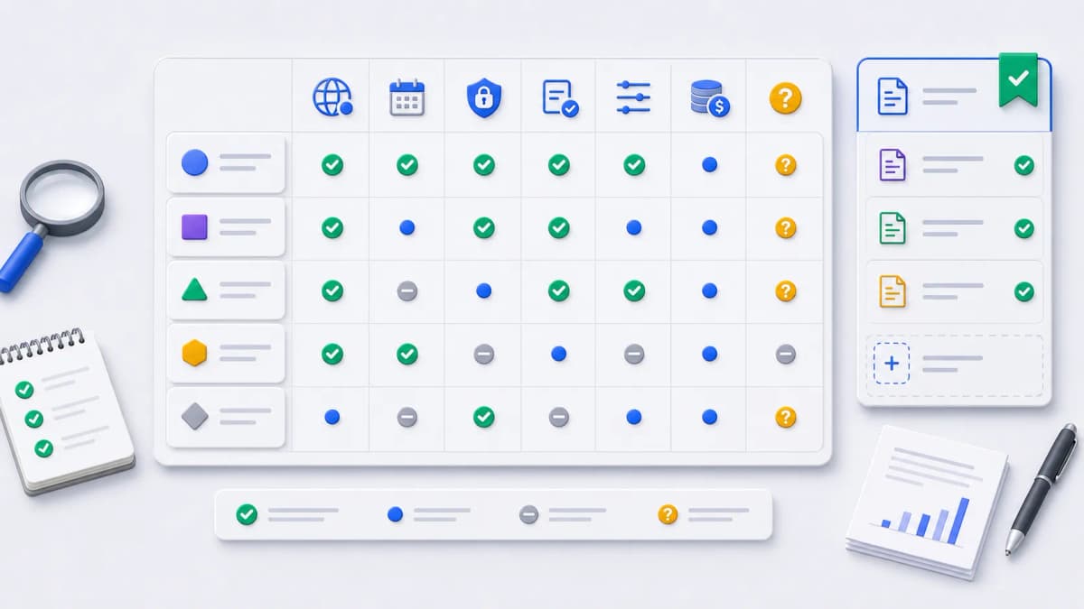 Sourced shortlist matrix with anonymous candidates and criteria columns for target, schedule, authentication, visibility, controls, pricing source, and unknowns.