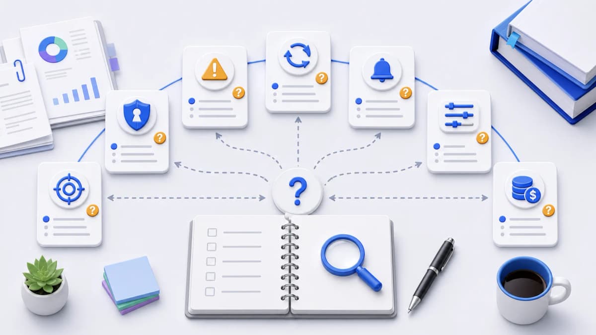 Question cards for target type, authentication, failure definition, retry ownership, alert review, operational control, cost source, and unknown criteria.