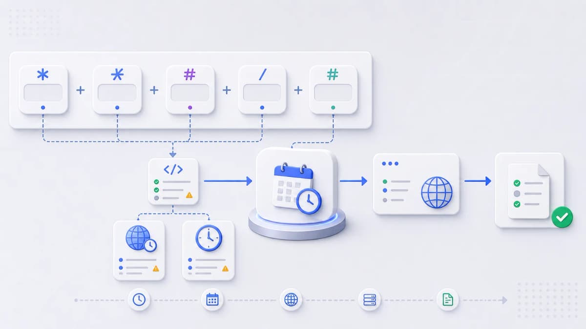 Five abstract CRON field tokens flowing into a scheduled HTTP task with clock and timezone review icons.