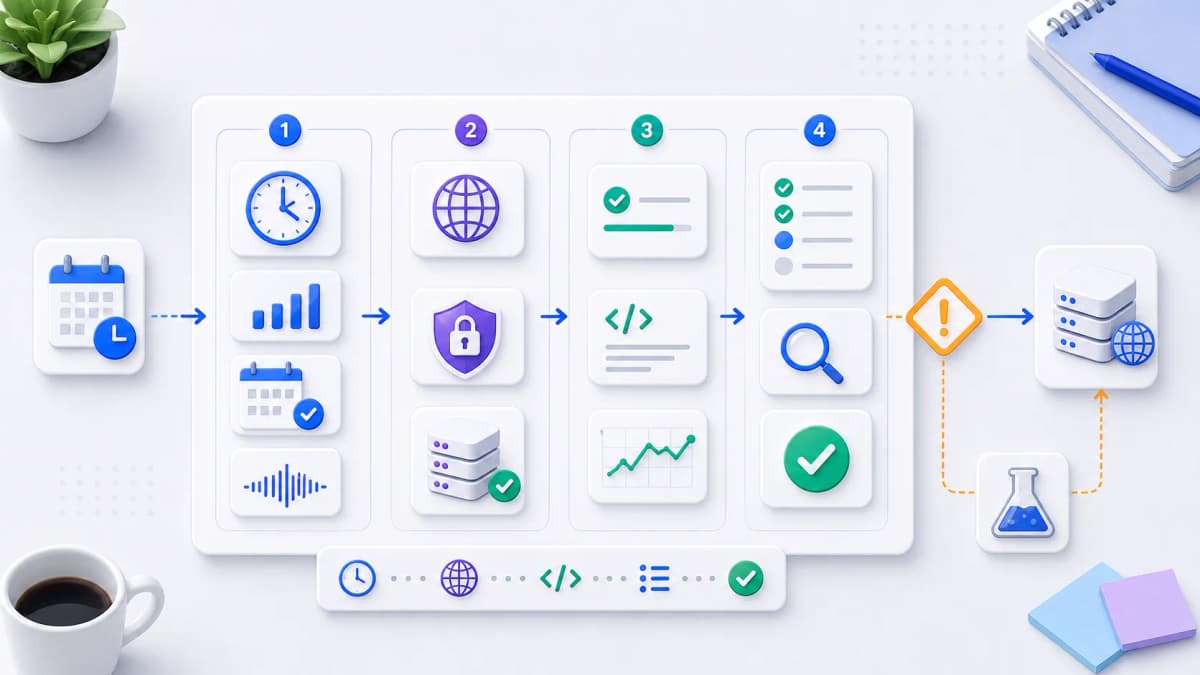Schedule validation board with cadence, endpoint readiness, response clarity, and validation check cards.