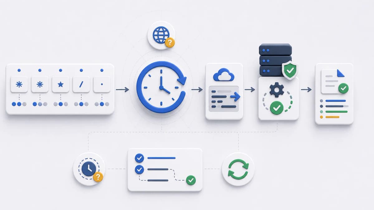 CRON-style schedule-to-request flow with expression tokens, schedule clock, remote request, endpoint execution, and response review.