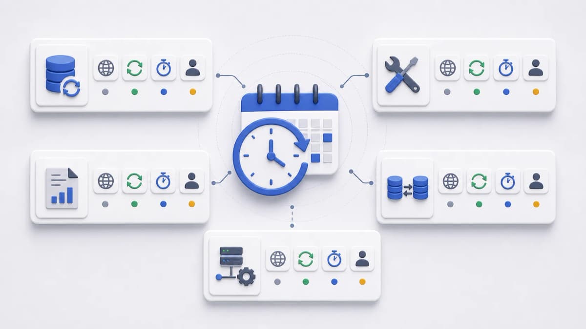 Schedule-purpose map for refresh, maintenance, report trigger, synchronization, and low-traffic work with timezone and retry-safety review icons.