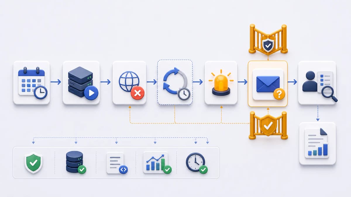 Gated email workflow from scheduled task failure through retry-before-alert, email channel evaluation, validation gate, and log review.