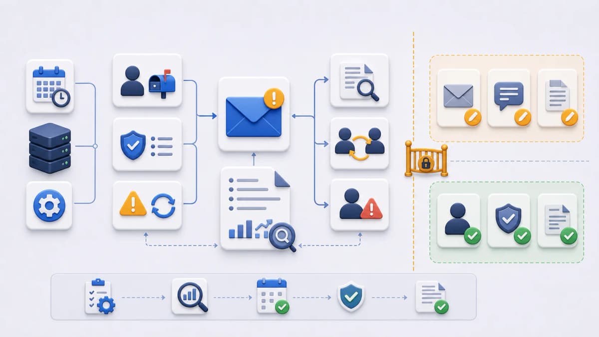 Email triage planning board with owner mailbox, safe message content, logs handoff, repeated-failure owner, and validation record.