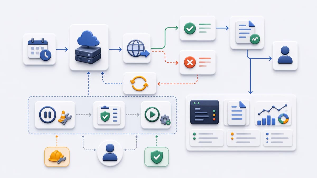 Execution control flow with scheduled request, response or unavailable branch, retry loop, logs and latest response, pause control, resume readiness, and task owner.