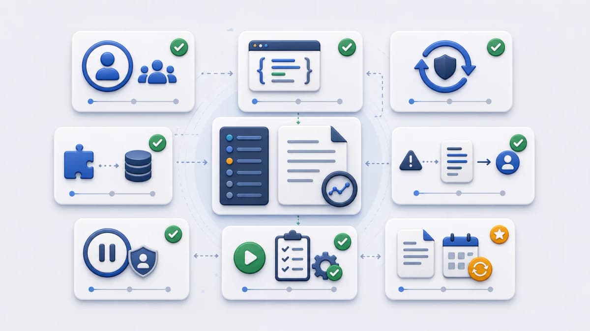 Operational checklist grid with task owner, response format, idempotency, log correlation, failure path, pause authority, resume readiness, and evidence refresh.