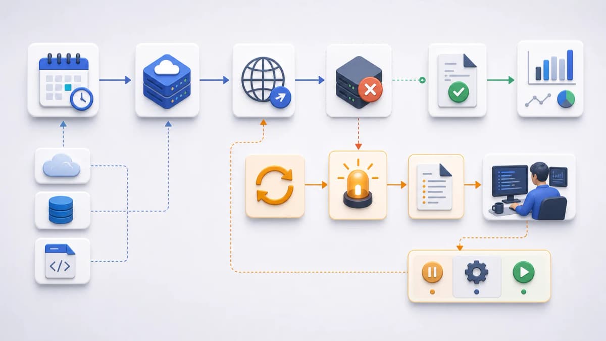 Failure-flow diagram with scheduled request, unavailable endpoint, retry loop, generic alert signal, latest response review, owner, and fix or pause decision.