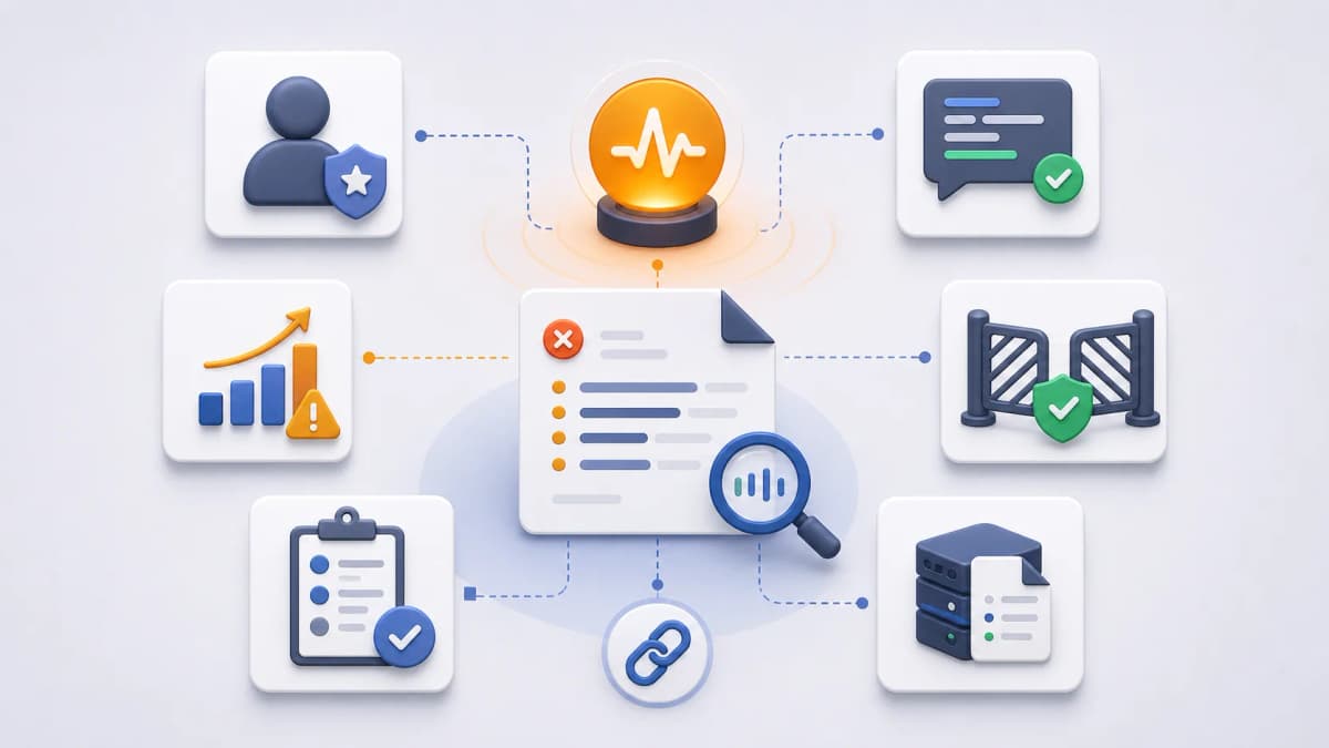 Alert evaluation board with responsible role, safe diagnostic content, repeated-failure escalation, evidence gate, and logs review.