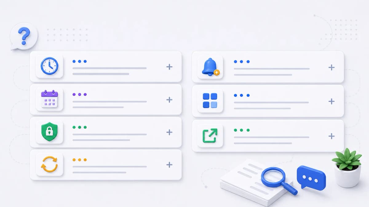 Grouped FAQ panels for basics, scheduling, security, failures, pricing review, alternatives, and next step.