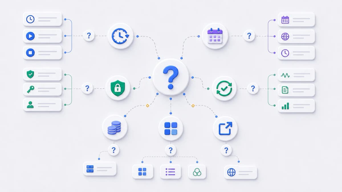 Question-routing map that branches to lifecycle, scheduling, security, visibility, pricing, alternatives, and official product evaluation.