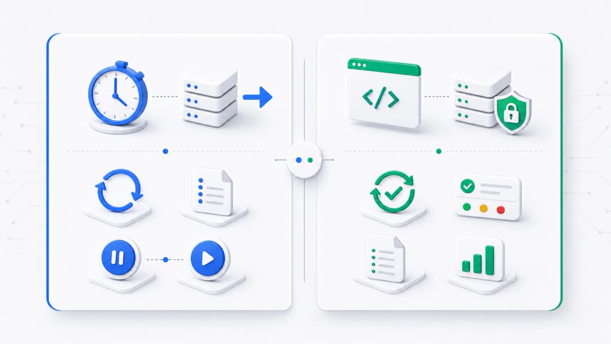 Two-column responsibility split between scheduler-side timing and visibility and application-side endpoint logic and authentication.