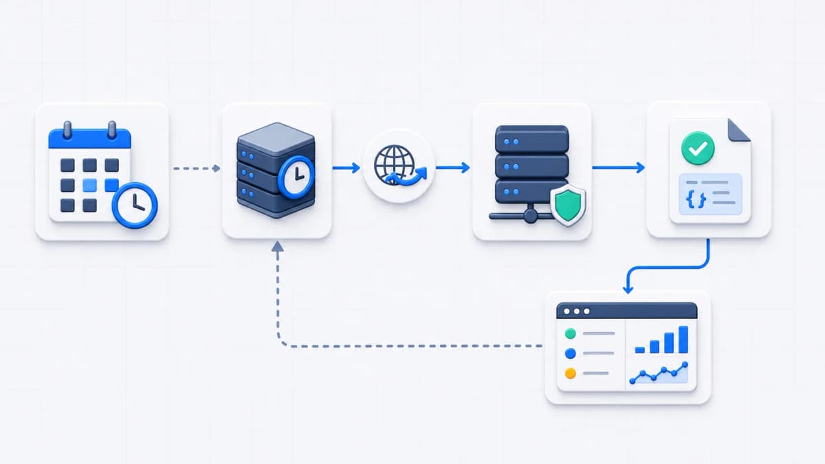 Request-flow diagram from CRON-style schedule to hosted scheduler, HTTP request, endpoint, response body, and logs review.