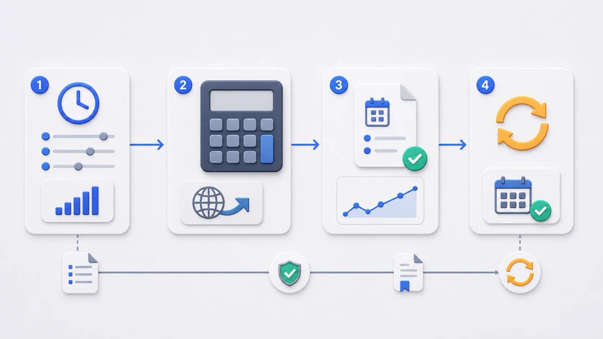Pricing evaluation flow from monthly execution estimate to official calculator, dated result recording, and refresh-before-publication gate.
