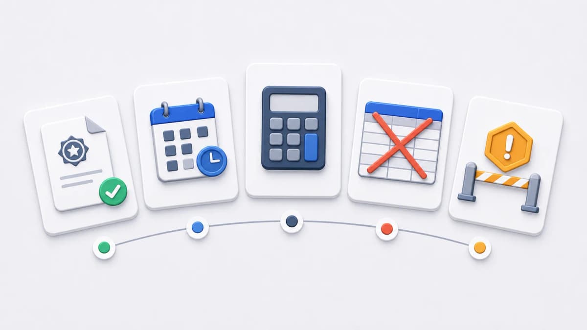 Pricing boundary board with official source, dated example, calculator, no mirrored table, and notification validation gate icons.