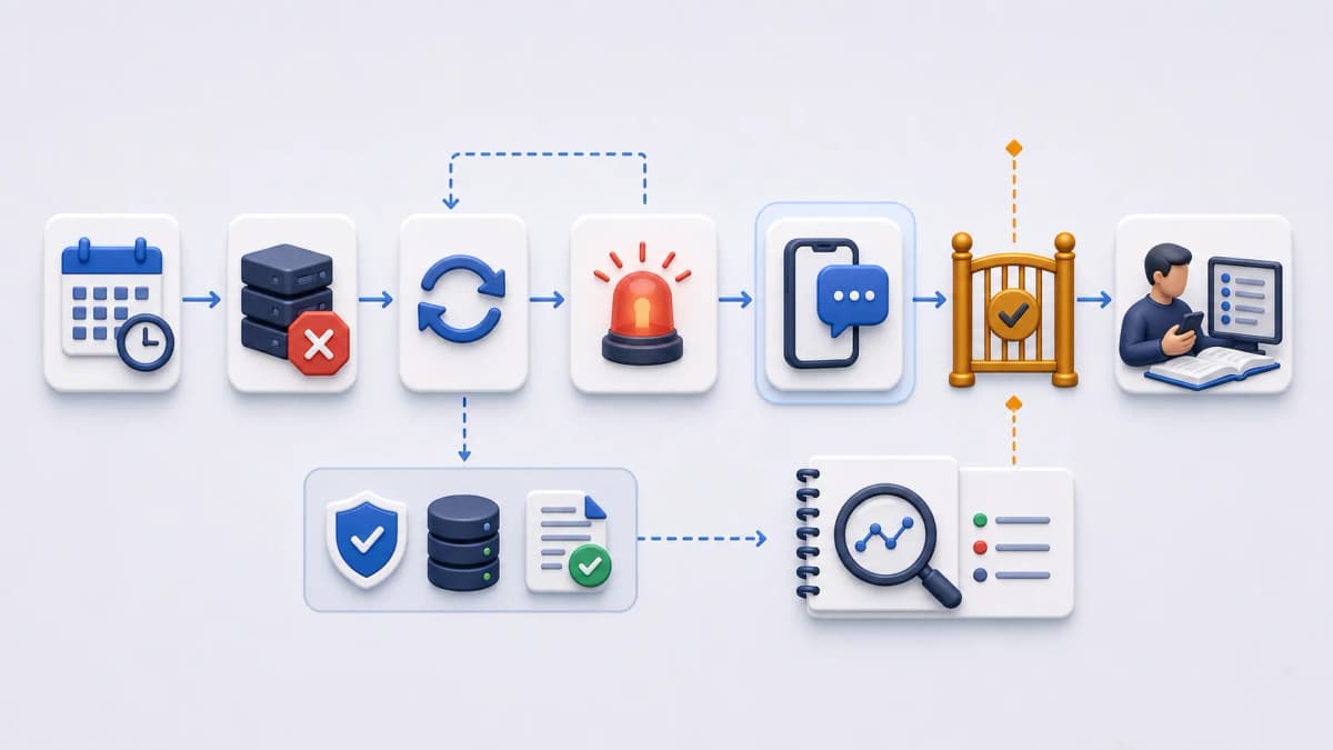 Gated SMS workflow from scheduled task failure through retry-before-alert, SMS channel evaluation, validation gate, and runbook handoff.
